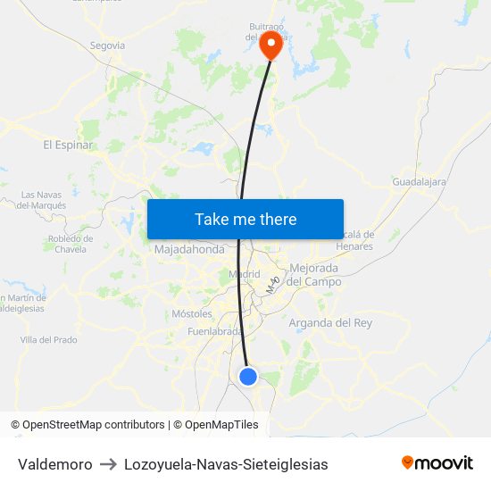 Valdemoro to Lozoyuela-Navas-Sieteiglesias map
