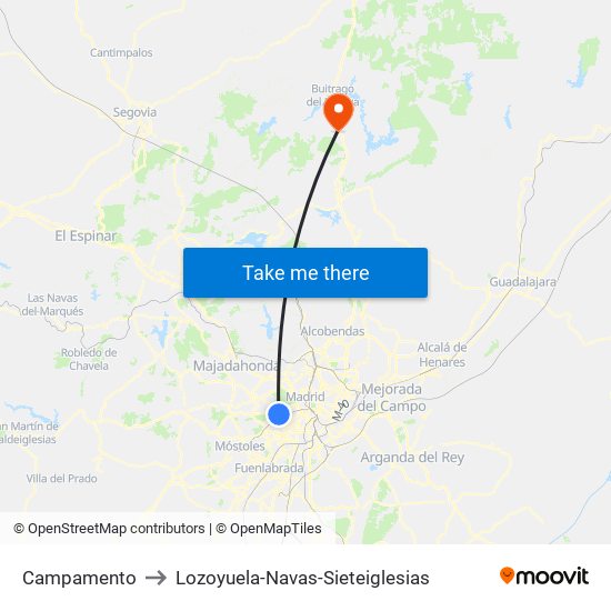 Campamento to Lozoyuela-Navas-Sieteiglesias map