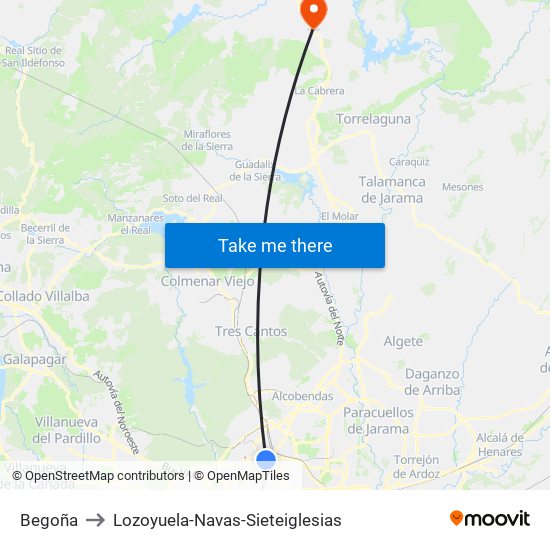 Begoña to Lozoyuela-Navas-Sieteiglesias map