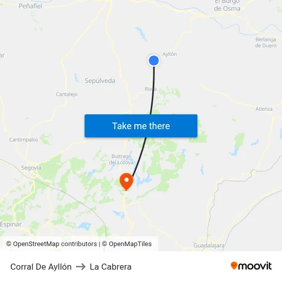 Corral De Ayllón to La Cabrera map