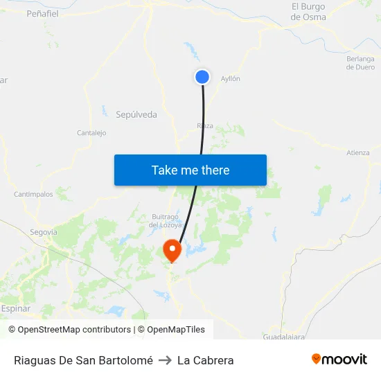 Riaguas De San Bartolomé to La Cabrera map