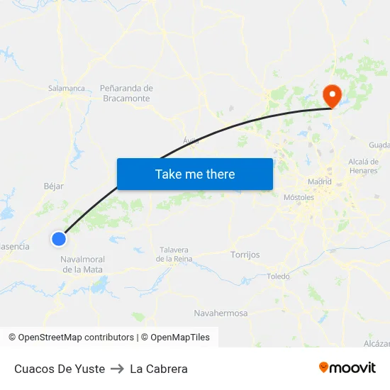 Cuacos De Yuste to La Cabrera map