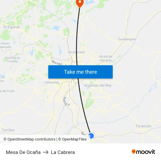 Mesa De Ocaña to La Cabrera map