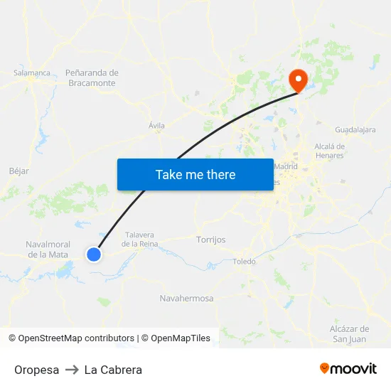 Oropesa to La Cabrera map