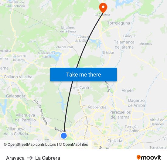 Aravaca to La Cabrera map