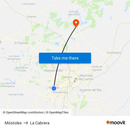 Móstoles to La Cabrera map