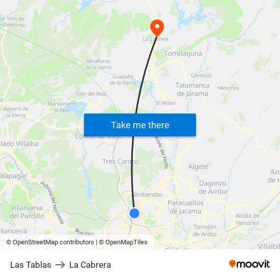 Las Tablas to La Cabrera map