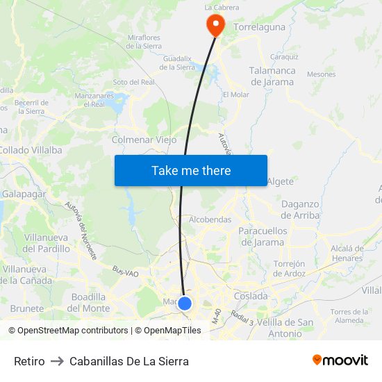 Retiro to Cabanillas De La Sierra map