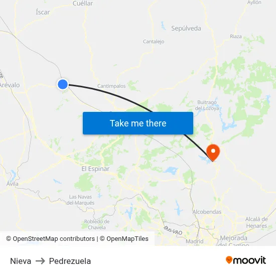 Nieva to Pedrezuela map