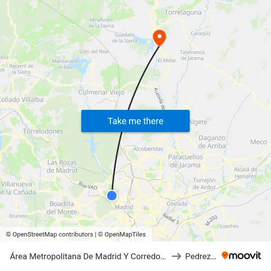 Área Metropolitana De Madrid Y Corredor Del Henares to Pedrezuela map