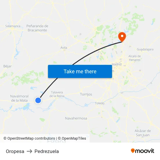 Oropesa to Pedrezuela map