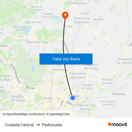 Coslada Central to Pedrezuela map