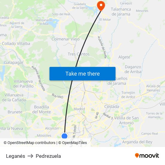 Leganés to Pedrezuela map