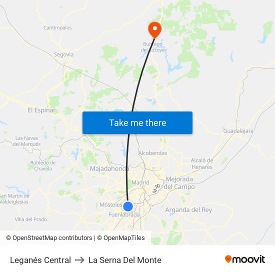 Leganés Central to La Serna Del Monte map