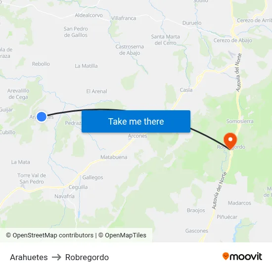 Arahuetes to Robregordo map