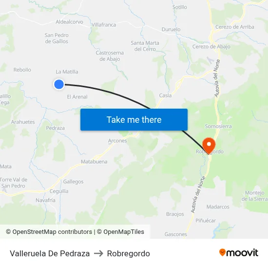 Valleruela De Pedraza to Robregordo map