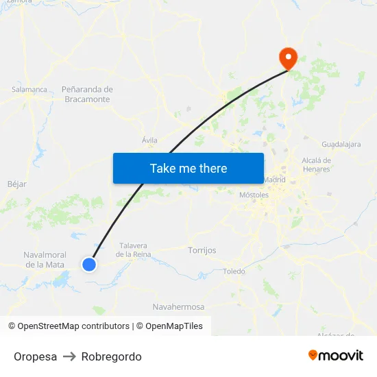 Oropesa to Robregordo map