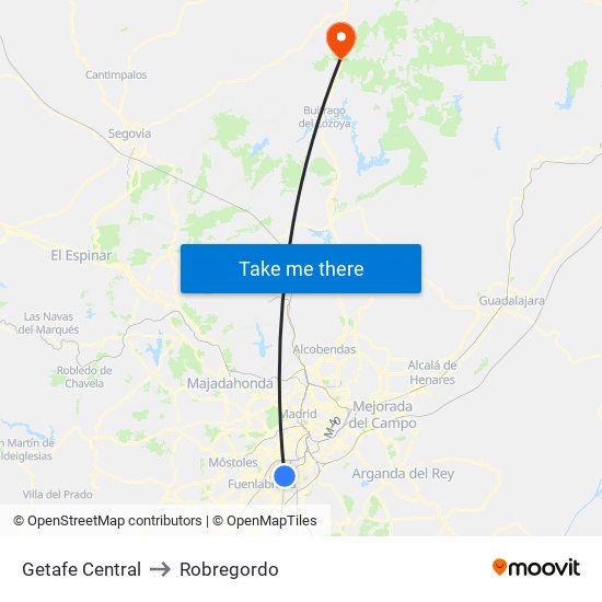 Getafe Central to Robregordo map