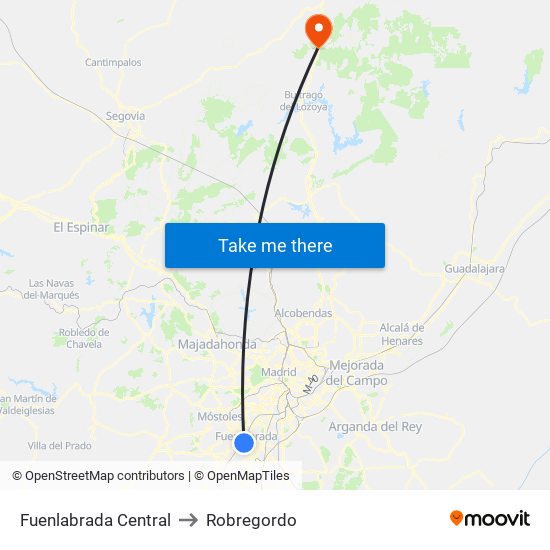 Fuenlabrada Central to Robregordo map