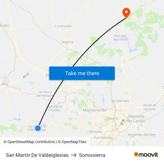 San Martín De Valdeiglesias to Somosierra map