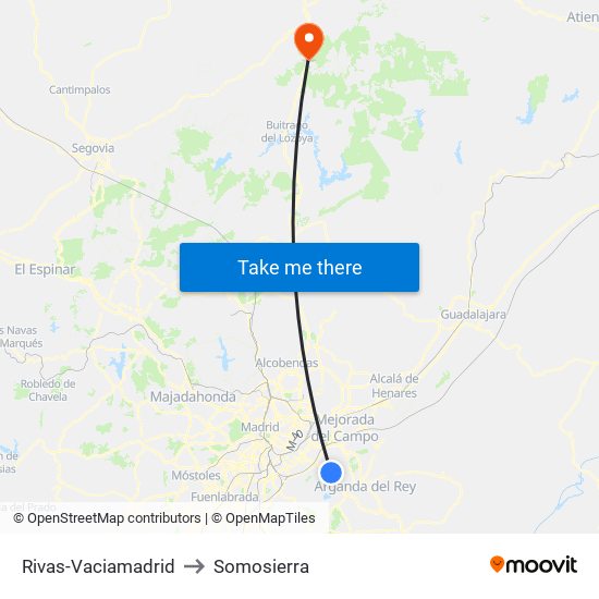 Rivas-Vaciamadrid to Somosierra map