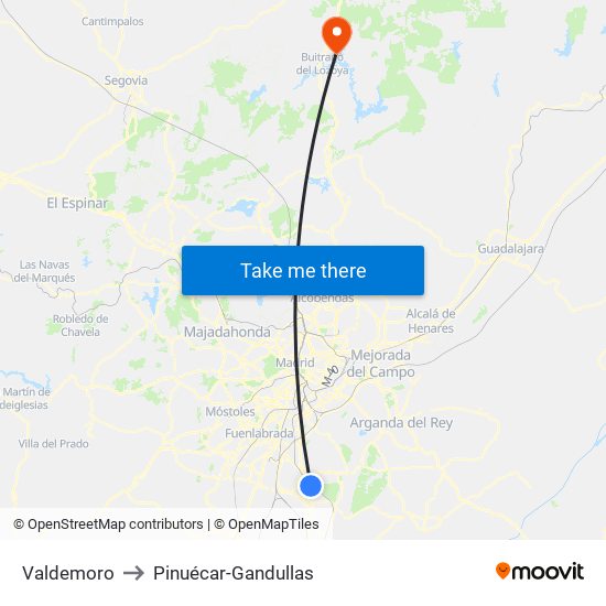 Valdemoro to Pinuécar-Gandullas map