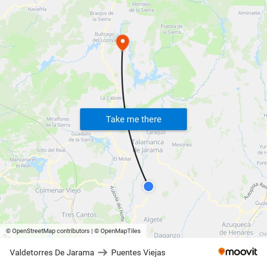Valdetorres De Jarama to Puentes Viejas map