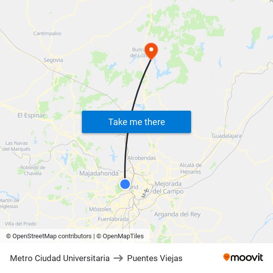 Metro Ciudad Universitaria to Puentes Viejas map