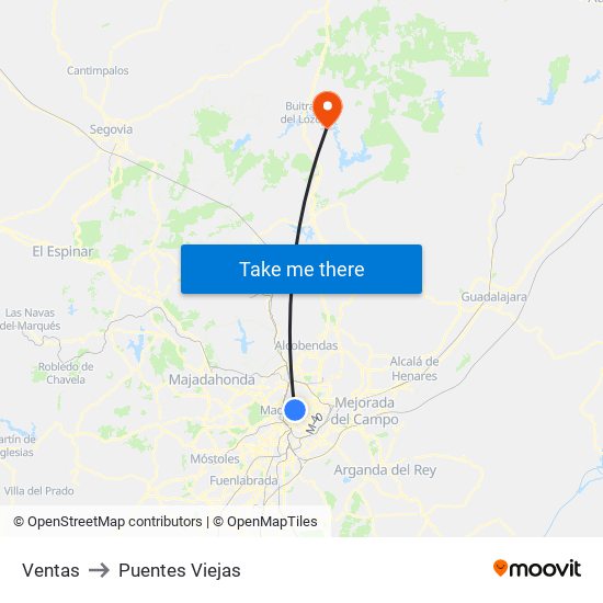 Ventas to Puentes Viejas map