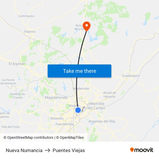 Nueva Numancia to Puentes Viejas map