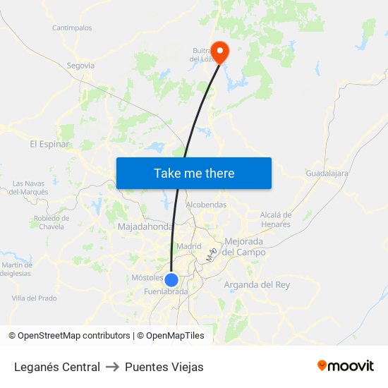 Leganés Central to Puentes Viejas map