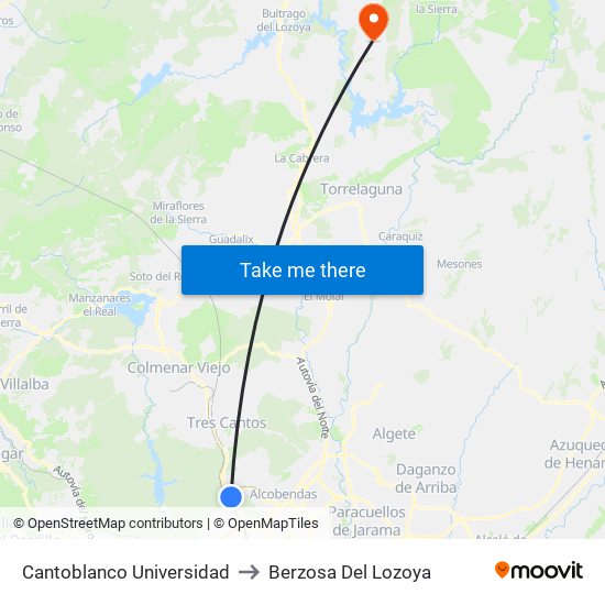 Cantoblanco Universidad to Berzosa Del Lozoya map