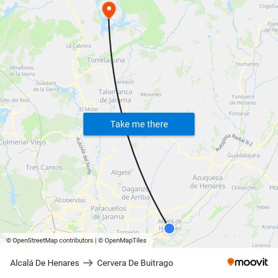 Alcalá De Henares to Cervera De Buitrago map