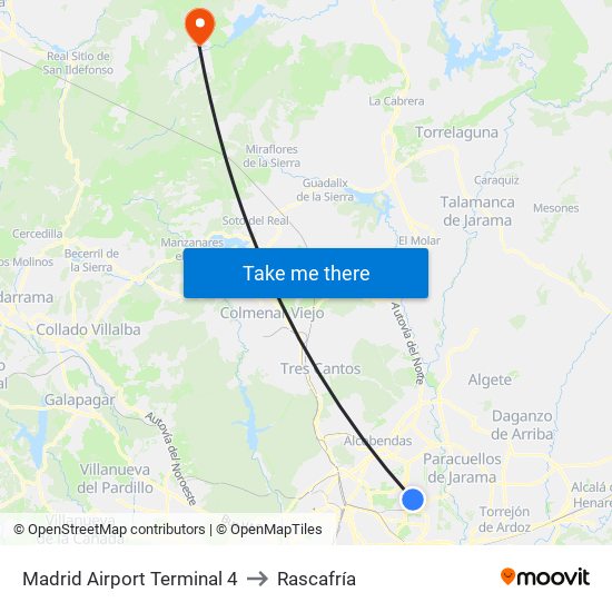 Madrid Airport Terminal 4 to Rascafría map