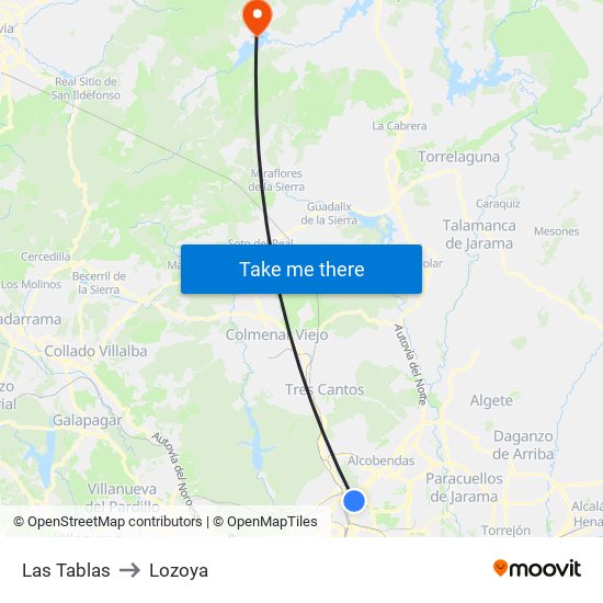 Las Tablas to Lozoya map