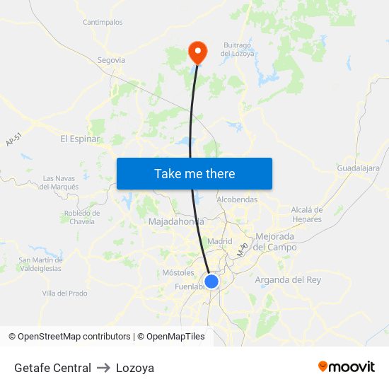 Getafe Central to Lozoya map