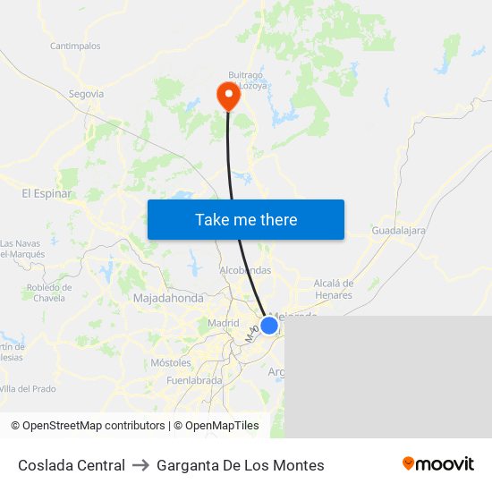 Coslada Central to Garganta De Los Montes map