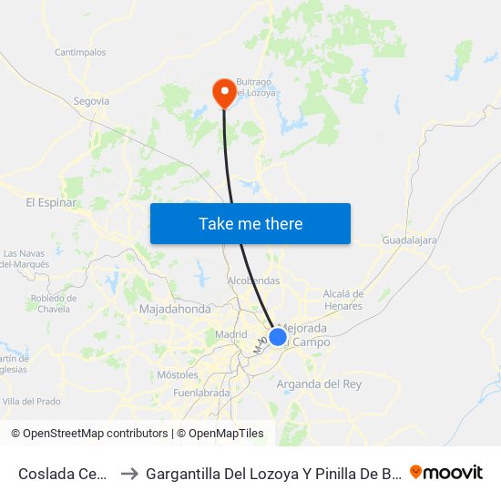 Coslada Central to Gargantilla Del Lozoya Y Pinilla De Buitrago map