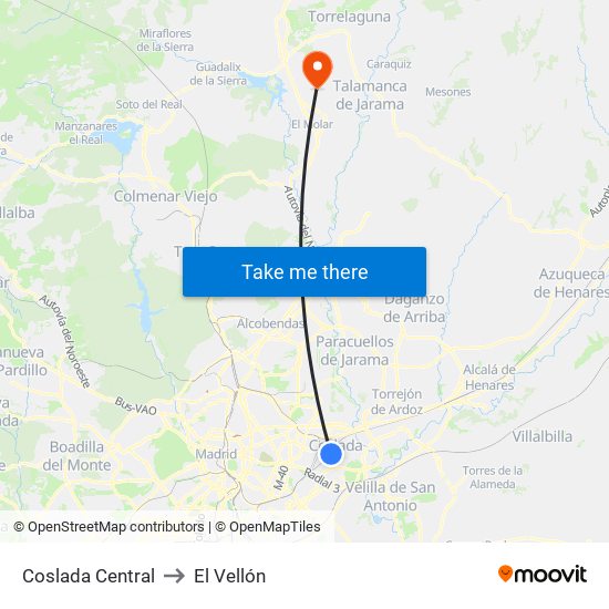 Coslada Central to El Vellón map