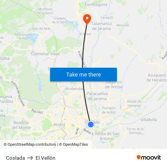 Coslada to El Vellón map