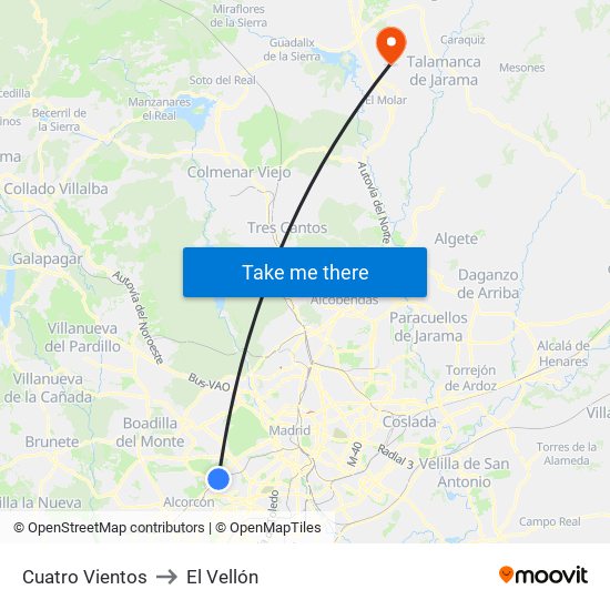 Cuatro Vientos to El Vellón map