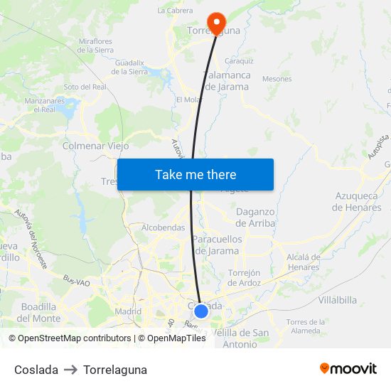Coslada to Torrelaguna map
