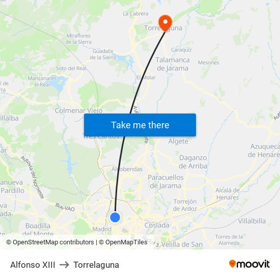 Alfonso XIII to Torrelaguna map