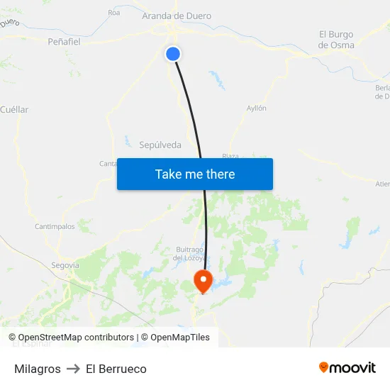 Milagros to El Berrueco map