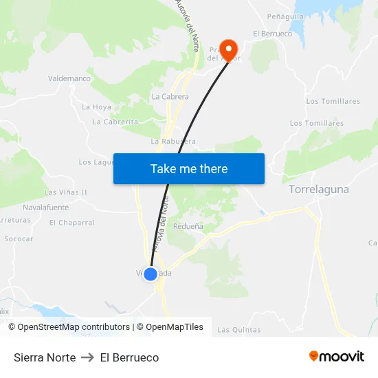 Sierra Norte to El Berrueco map