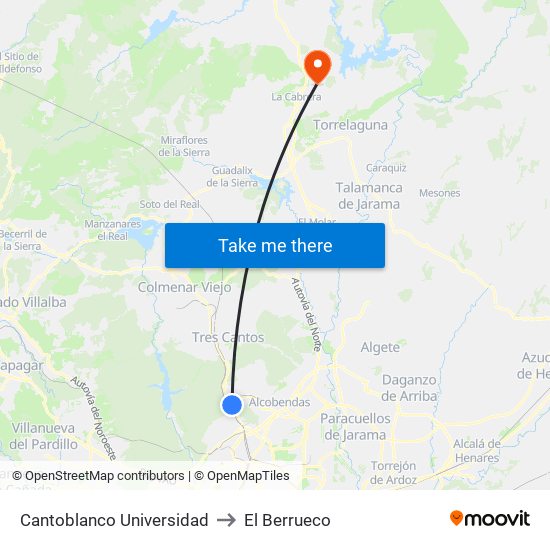 Cantoblanco Universidad to El Berrueco map