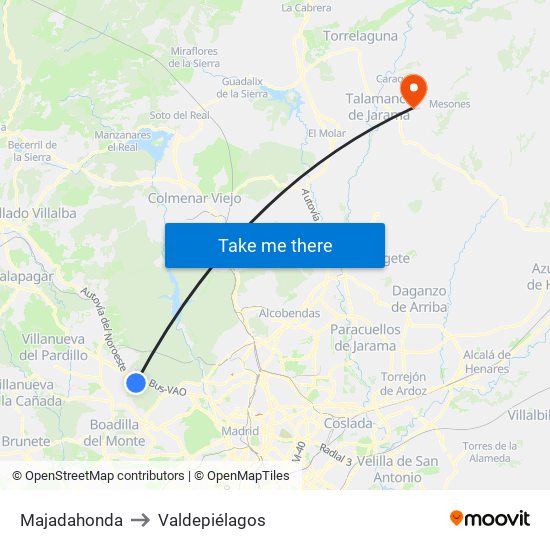 Majadahonda to Valdepiélagos map