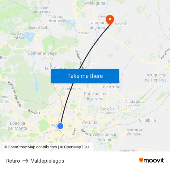 Retiro to Valdepiélagos map