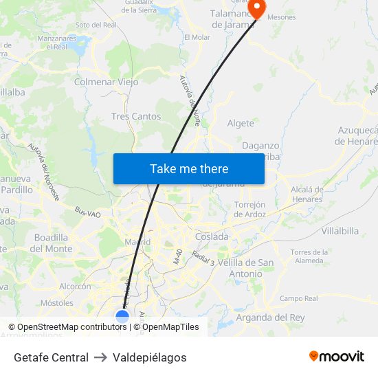 Getafe Central to Valdepiélagos map