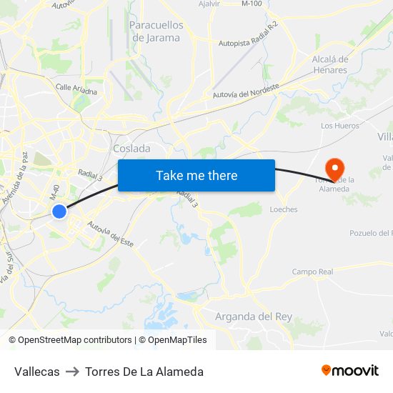 Vallecas to Torres De La Alameda map